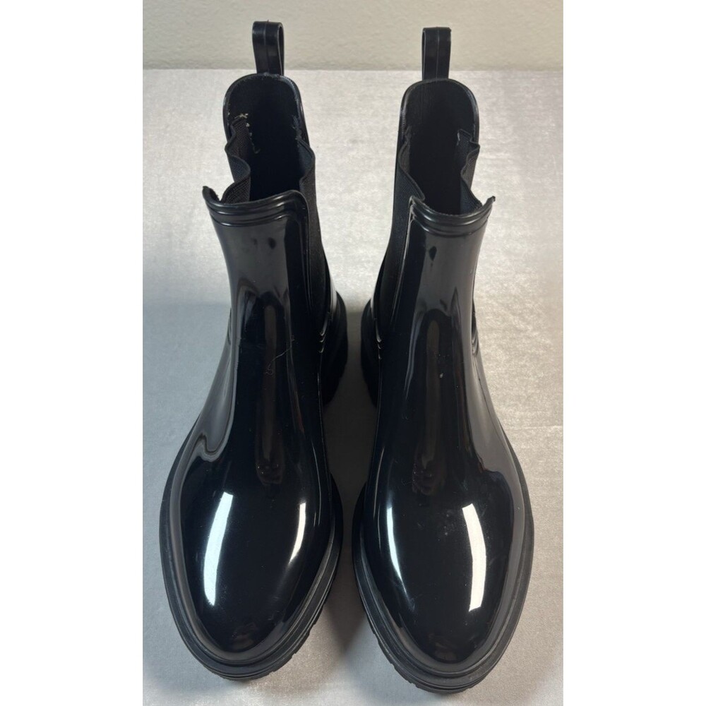 Women’s Black Glossy Rain Boots Chelsea Slip-On Ankle Boots Size 7M